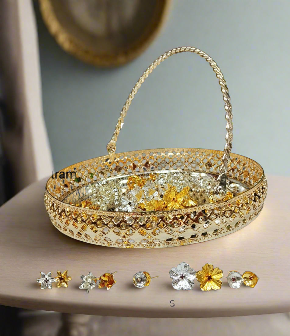 german silver golden tray with handle with mix 110 flowers for diwali pooja/ housewarming pooja